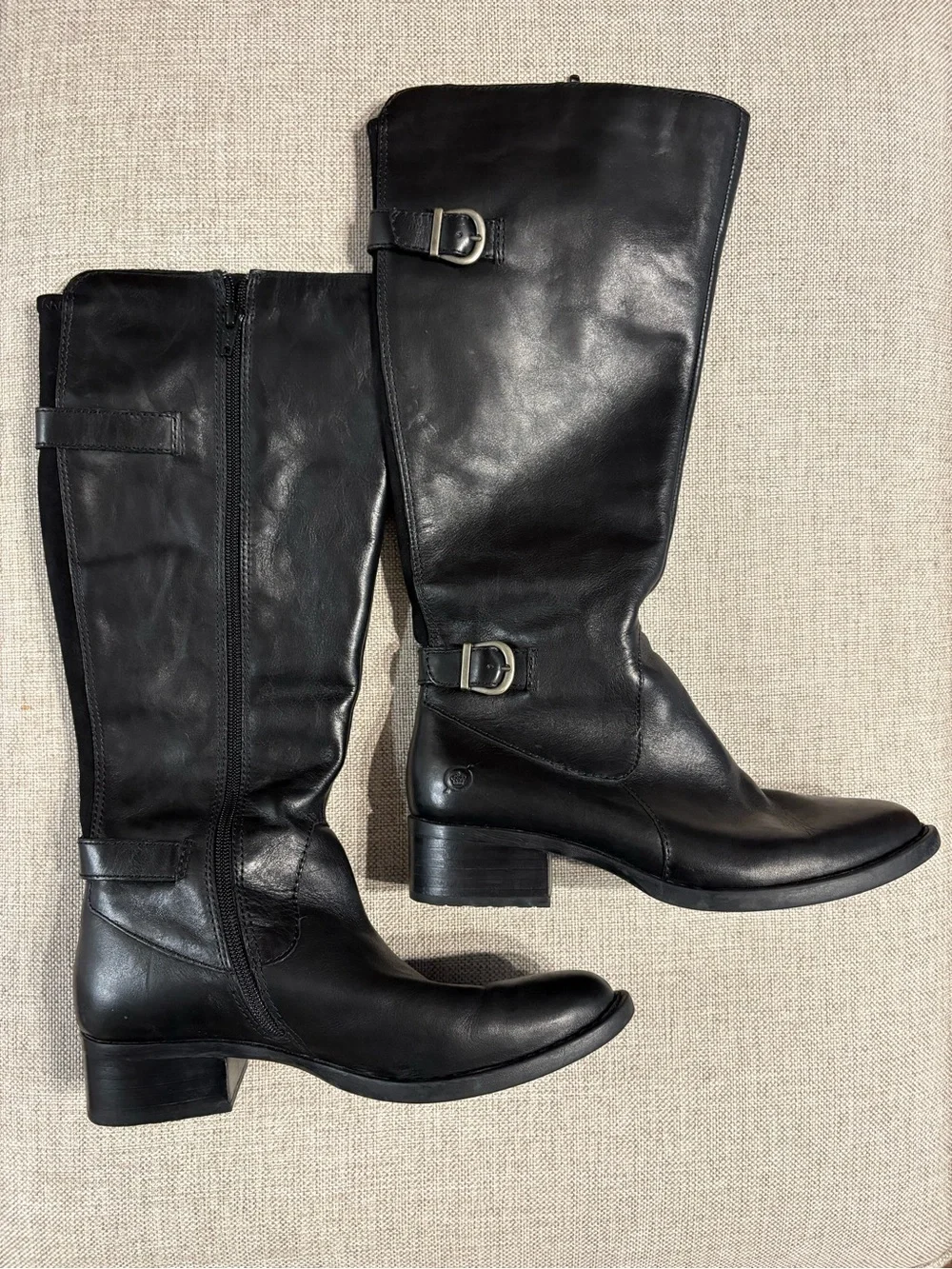 Born Black Leather Riding Boots Women’s 6.5M Tall Buckle Side Zip